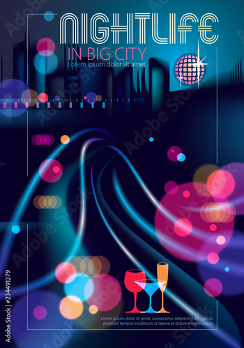 Abstract urban night light bokeh , defocused background. Effect vector beautiful background. Blur colorful dark background with cityscape, buildings silhouettes skyline.