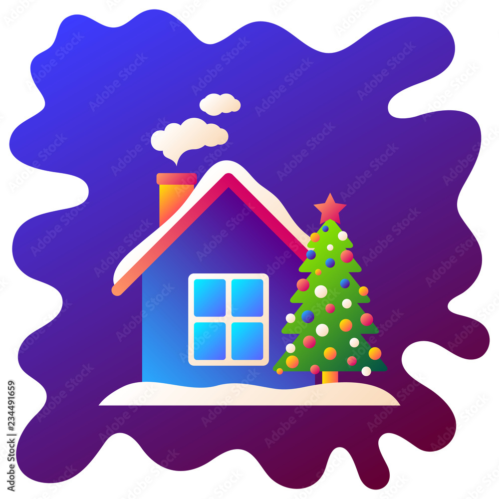 Christmas tree near small house gradient flat icon with fluid background.