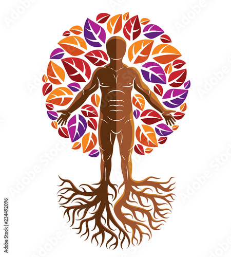 Vector graphic illustration of muscular human, self made using tree roots and surrounded with autumn leaves. Living in harmony with nature, environment protection concept.