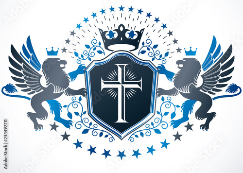 Fototapeta Naklejka Na Ścianę i Meble -  Old style heraldry, heraldic emblem, vector illustration created with mythic gryphon, Christian cross and imperial crown.
