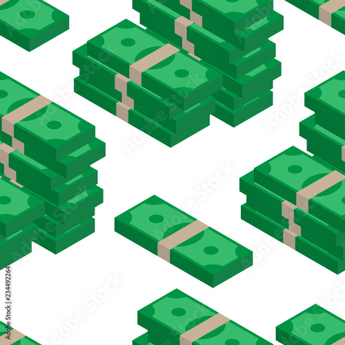 Vector illustration of a pack of green money seamless pattern.