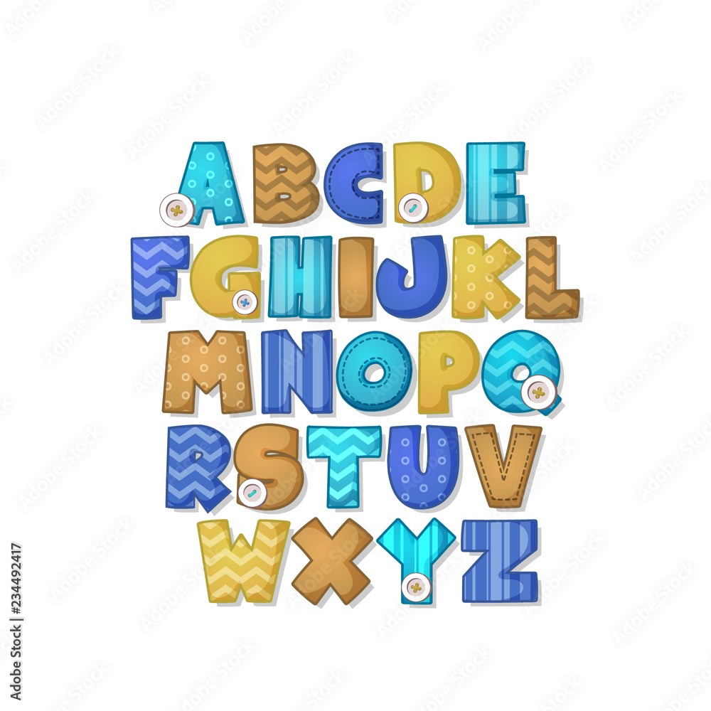 Obraz premium Alphabet set for scrapbook or collage design. Patchwork style. Creative comic font. Brown and blue Letters with patterns isolated on white background.