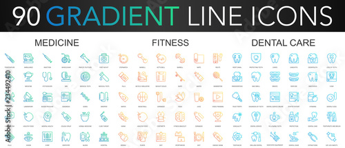 90 trendy gradient vector thin line icons set of medicine, fitness, dental care.