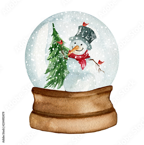Snow globe with snowman and tree. Watercolor hand drawn