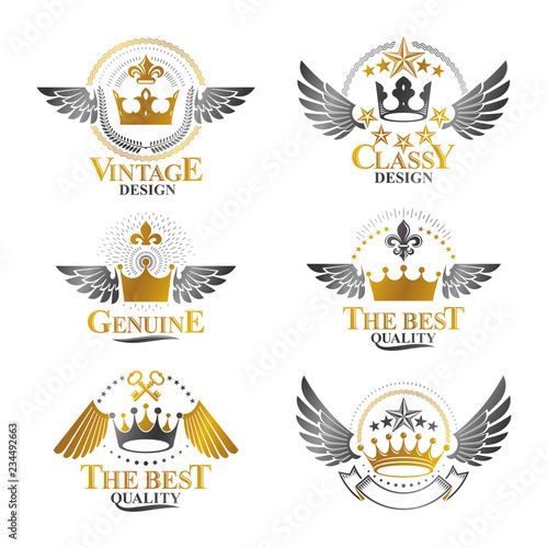 Majestic Crowns emblems set. Heraldic Coat of Arms decorative logos isolated vector illustrations collection.