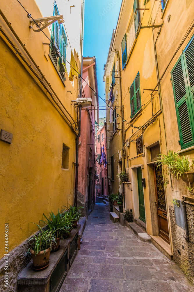 Characteristic narrow streets with colorful buildings in Vernazza, in the Cinque Terre, Liguria, Italy region.