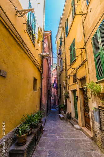 Characteristic narrow streets with colorful buildings in Vernazza, in the Cinque Terre, Liguria, Italy region.