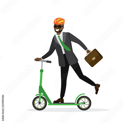 African american Business man riding on kick scooter to work.