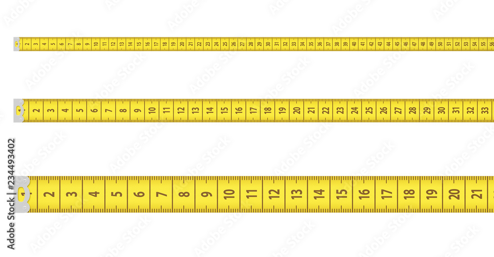 Φωτογραφία 3d renedring of three straight lines of yellow measurement tapes with two of them further away in the perspective isolated on a white background