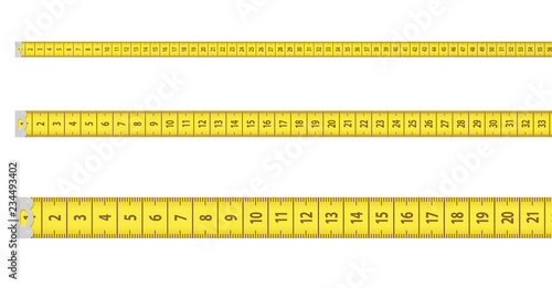 3d renedring of three straight lines of yellow measurement tapes with two of them further away in the perspective isolated on a white background.