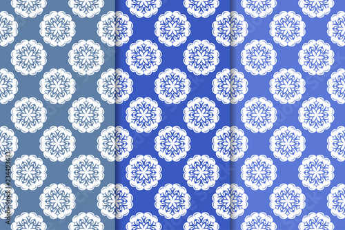 Blue floral ornaments. Set of vertical seamless patterns
