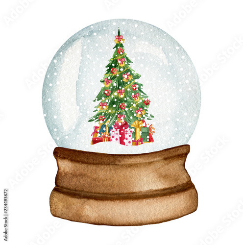 Snow globe with Christmas tree. Watercolor had drawn