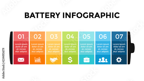 Vector battery infographic template. Presentation slide template. Business concept with 7 options, parts, steps, processes.