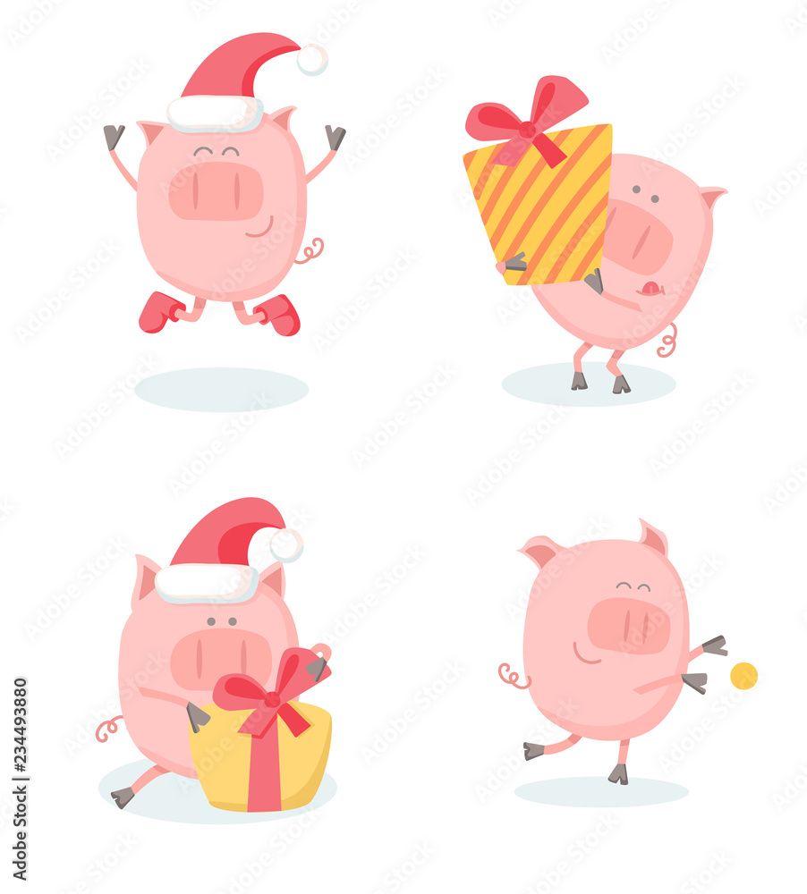 Set of cute vector illustrations of the symbol of Chinese New Year - the Pig. Flat character in different situations in a Santa hat with Christmas presents. Isolated on white background.