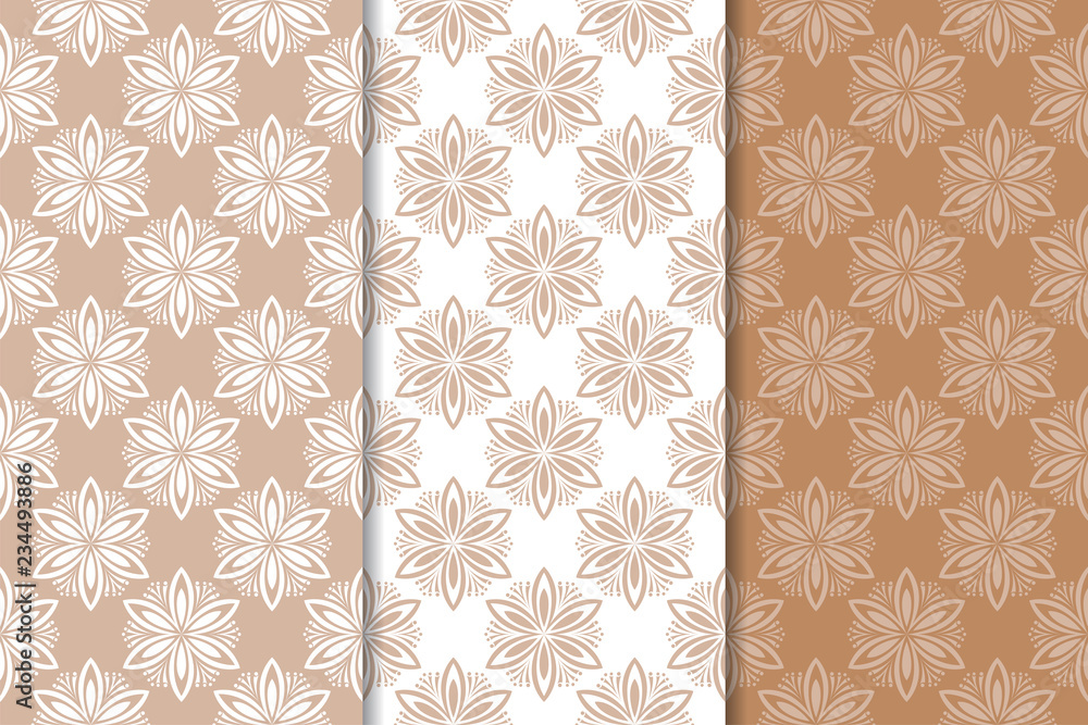 Brown floral ornaments. Set of vertical seamless patterns Brown floral ornaments. Set of vertical seamless patterns