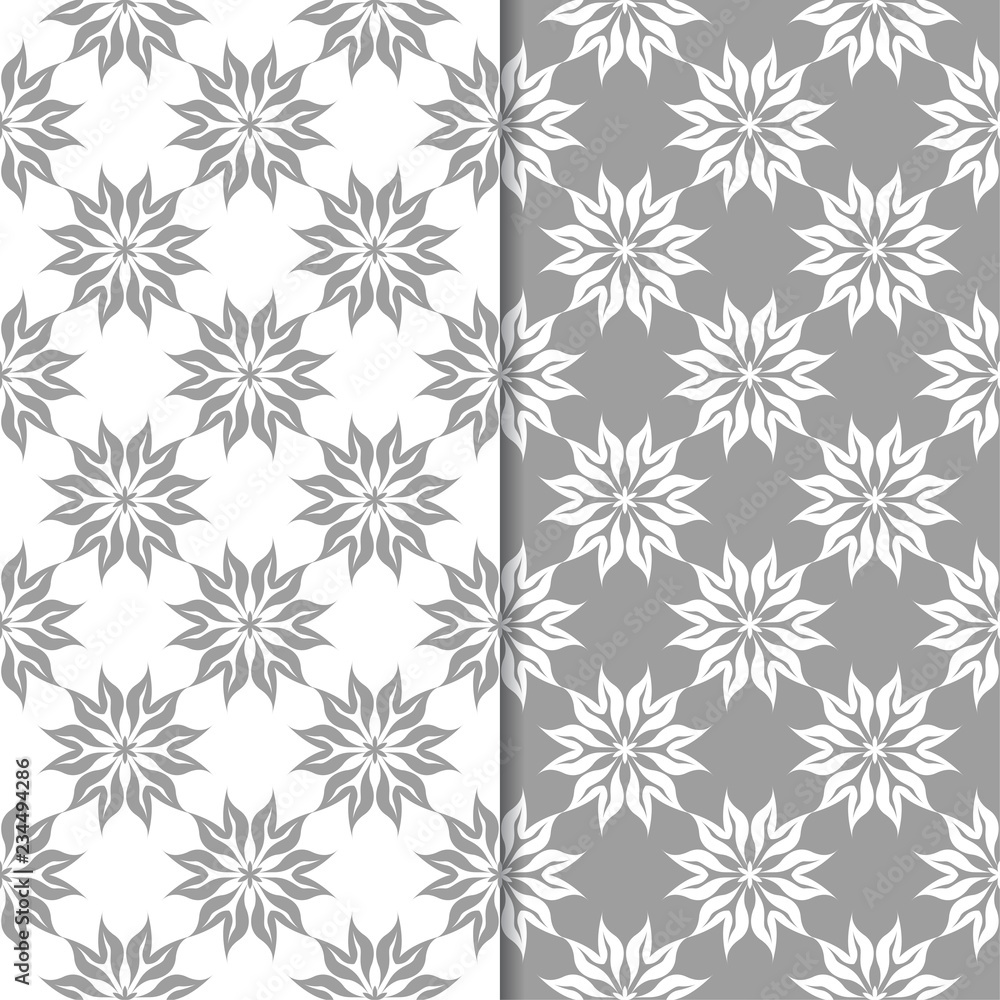 White and gray floral backgrounds. Set of seamless patterns White and gray floral backgrounds. Set of seamless patterns