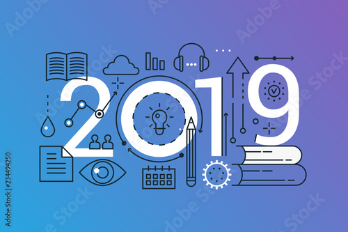 Study 2019 word trendy composition concept banner. Outline stroke school, university education, science, library. Flat line icons lettering typography.