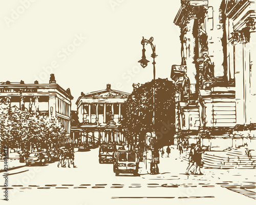 Vector sketch of Museum Island, Berlin, Germany. Old Museum, National Gallery, Berlin Cathedral.