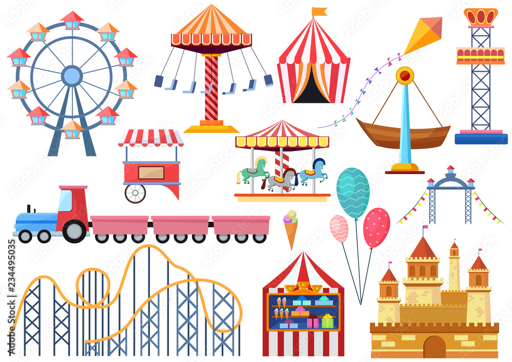 Naklejka premium Amusement park vector entertainment icons elements isolated. Colorful cartoon flat ferris wheel, carousel, circus and castle isolated.