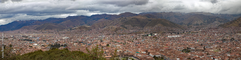 Ancient and historic city of Cuzco,  Peru as viewed from a hilltop