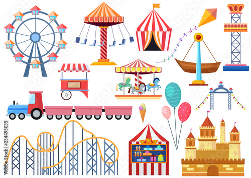 Amusement park vector entertainment icons elements isolated. Colorful cartoon flat ferris wheel, carousel, circus and castle isolated.