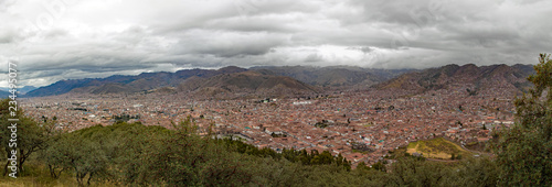 Ancient and historic city of Cuzco, Peru as viewed from a hilltop