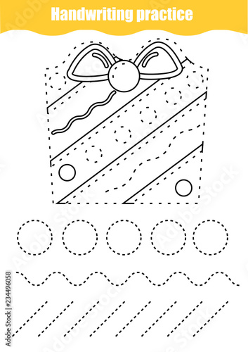 Handwriting practice sheet. Educational children game, printable worksheet for kids. Tracing lines and shapes. Christmas and New year holidays theme