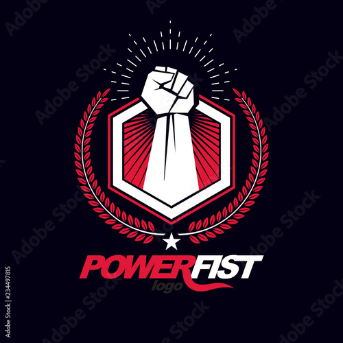 Vector symbol created using clenched fist of athletic strong man, protection shield, bird wings and different graphic elements. Fighter club conceptual logo.