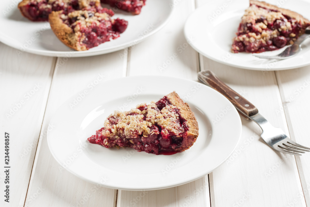 Slice of delicious homemade sour cherry pie on plate Slice of delicious homemade sour cherry pie on plate