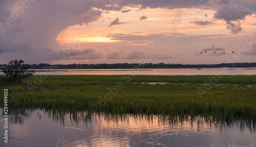 Pinckney Island, South Carolina, USA - July 23, 2018: Sunset on Pinckney Island, a small nature reserve in South Carolina