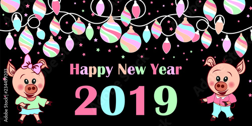 2019,  Funny piglets and lanterns  . Vector illustration. Minimal invitation design for Christmas and New Year. Winter holiday decorations