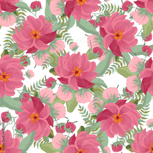 Vector floral ethnic seamless pattern in watercolor style with flowers peonies, and leaves. Gentle, spring, summer background.