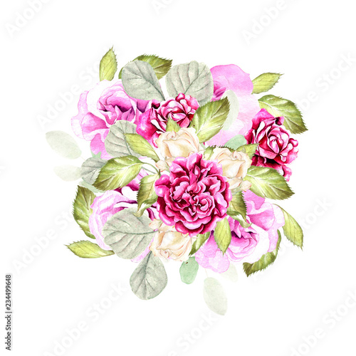 Beautiful watercolor bouquet with roses and peony flowers, eucalyptus.