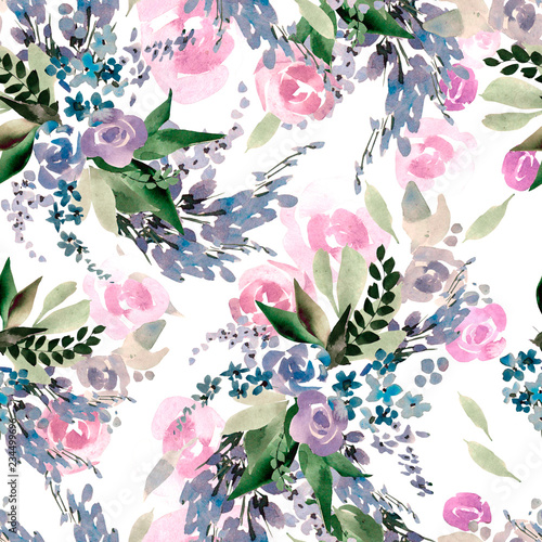Beautiful watercolor pattern with pink flowers.