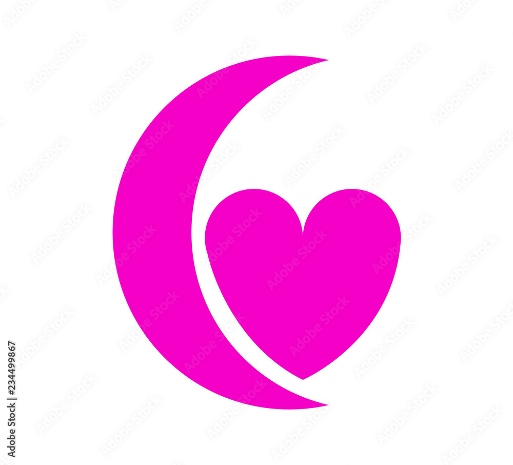 Logo consisting of crescent moon and heart symbols related to romance and dating, isolated on white background