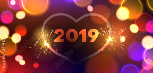 Happy New Year 2019 festive banner with heart and sparkling lights.