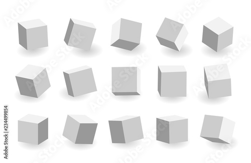 Grey 3D cubes pack isolated on white background. Different light, perspective and angle. Vector illustration