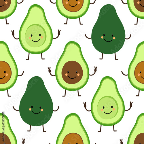 Seamless pattern with cute hand drawn cartoon characters of avocado