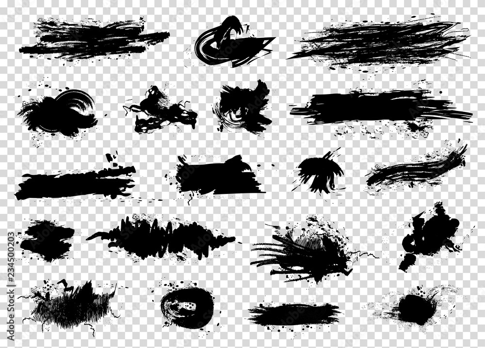 Black ink splash spots big set isolated on transparent background. Art brushes pack. Vector illustration