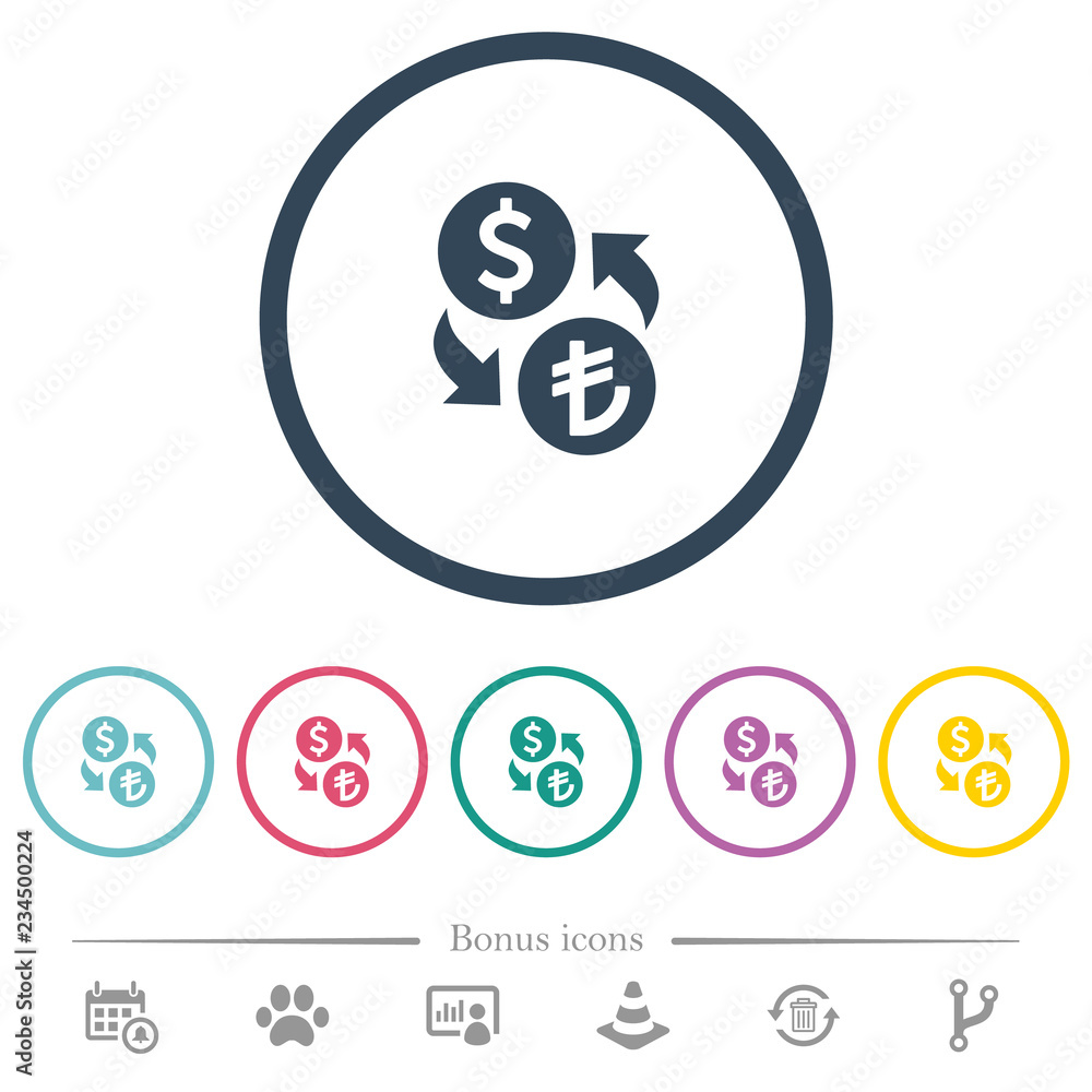 Dollar Lira money exchange flat color icons in round outlines Dollar Lira money exchange flat color icons in round outlines