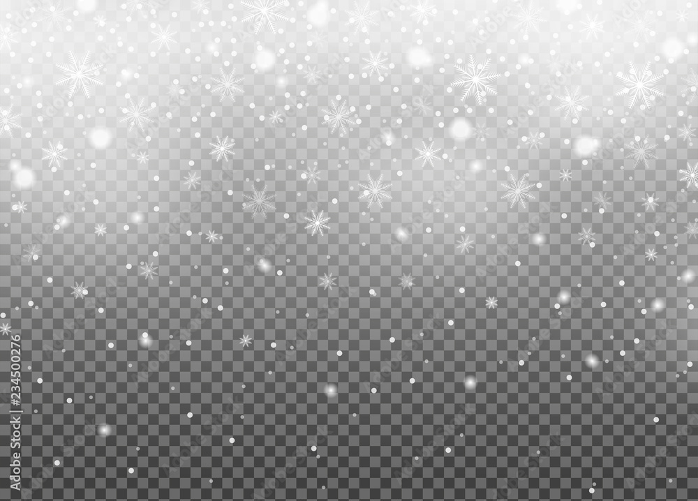 Realistic falling snow isolated on transparent background. Winter sky pattern. White snowfall texture. New year and Xmas concept. Snowflake effect. Vector illustration Realistic falling snow isolated on transparent background. Winter sky pattern. White snowfall texture. New year and Xmas concept. Snowflake effect. Vector illustration