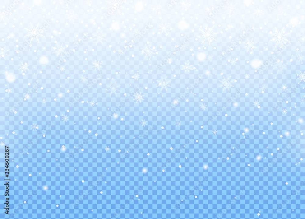 Realistic falling snow isolated on blue sky transparent background. Winter sky pattern. White snowfall texture. New year and Xmas concept. Snowflake effect. Vector illustration