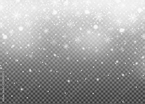 Realistic falling snow isolated on transparent background. Winter sky pattern. White snowfall texture. New year and Xmas concept. Snowflake effect. Vector illustration