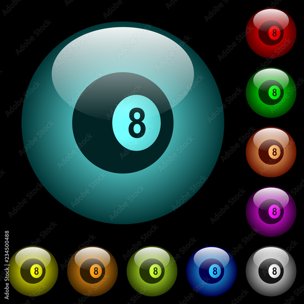 Black eight billiard ball icons in color illuminated glass buttons Black eight billiard ball icons in color illuminated glass buttons