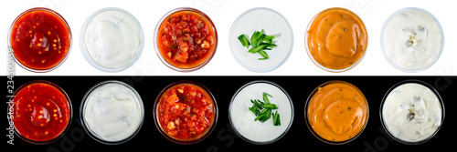 Bowl with sauce set isolated on white and black background