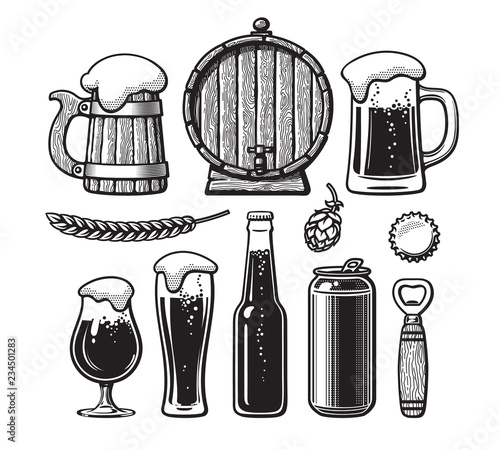 Vintage set of beer objects. Old wooden mug, barrel, glasses, hop, bottle, can, opener, cap. Hand drawn engraving style vector illustration.