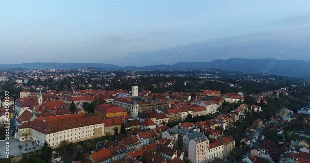 Zagreb aerial view from sky view of chruch and city centre old town croatia Zagreb aerial view from sky view of chruch and city centre old town croatia