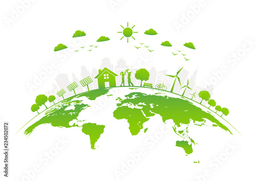 Eco friendly with green city on earth, vector illustration