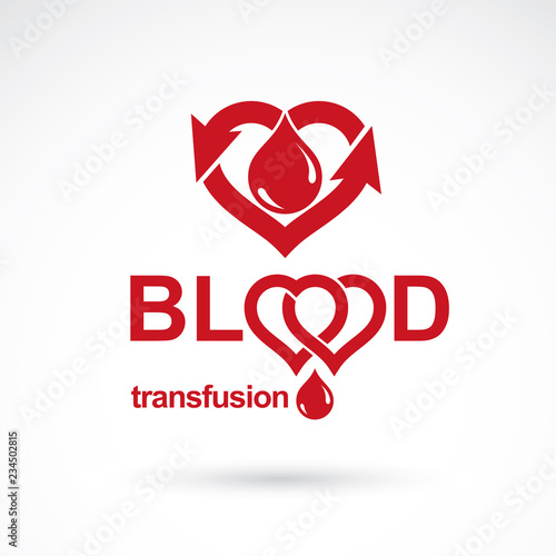 Blood donation and blood transfusion concept vector symbol created with red heart shape with arrows and blood drops. Hematology theme, medical treatment design emblem.