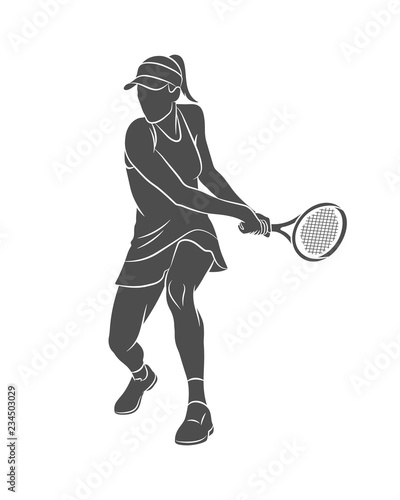 Silhouette tennis player with a racket on a white background